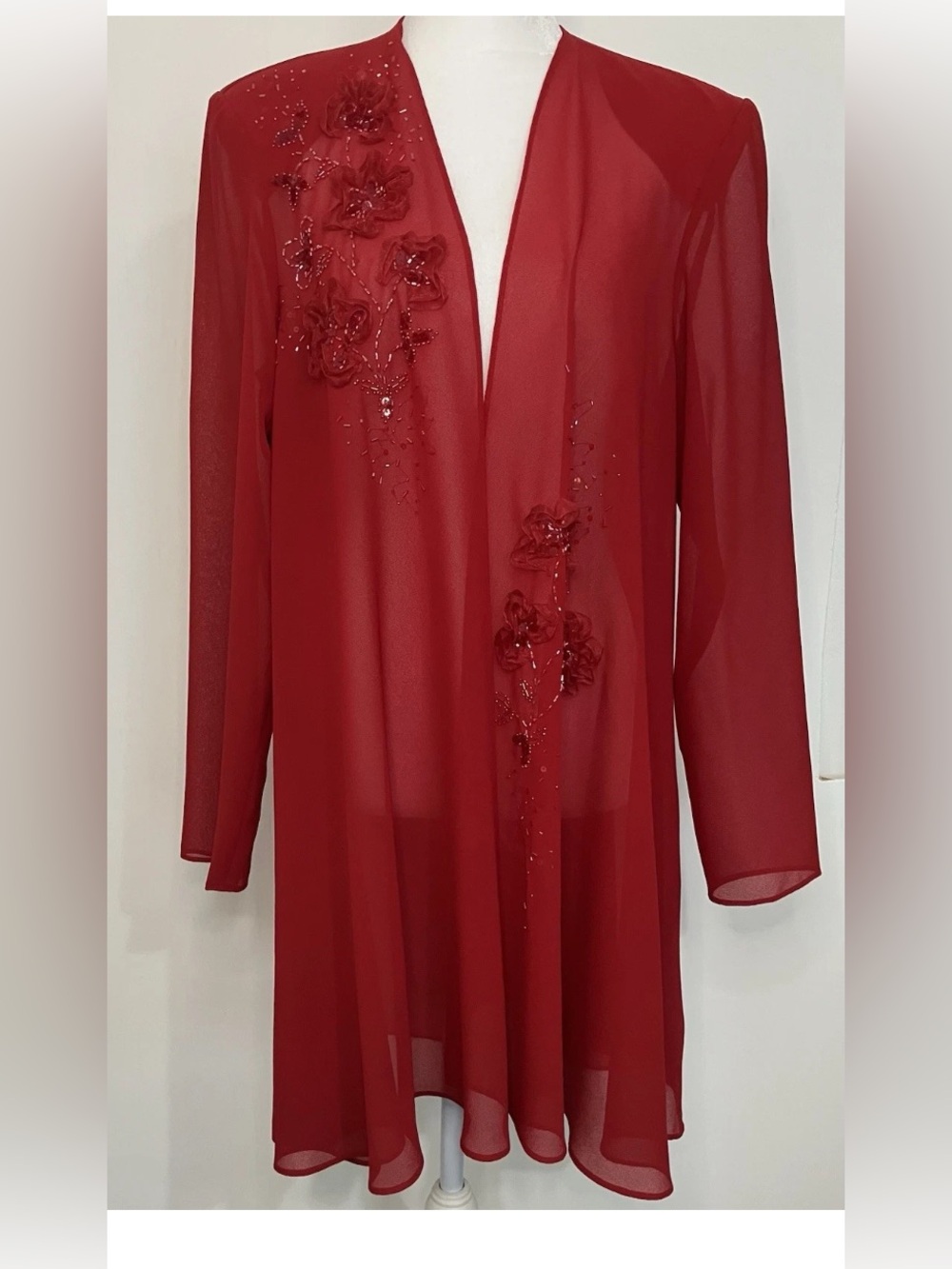 Coldwater Creek Red Sheer Floral-Embellished Long Sleeve Dress